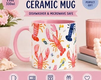 Lobster Mug | Coastal Coffee Mug | Seahorses  | Beach Mug | Nautical Gift | Seashells Mug | Ocean Mug| Floral ocean