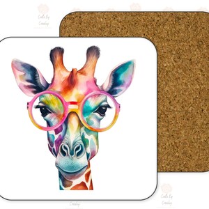 May include: A colorful watercolor painting of a giraffe wearing pink round glasses. The giraffe's fur is a mix of orange, yellow, pink, blue, and green. The background is white.