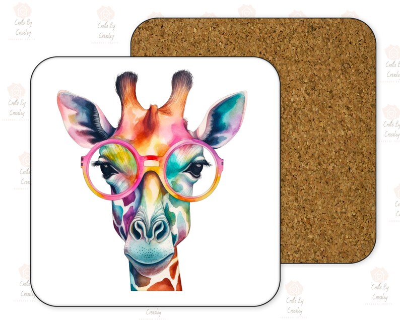 May include: A colorful watercolor painting of a giraffe wearing pink round glasses. The giraffe's fur is a mix of orange, yellow, pink, blue, and green. The background is white.