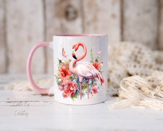 Flamingo with flowers mug, flamingo coaster, flamingo gift, gift for her, birthday gift, Christmas gift, flamingo mug, coffee mug, tea mug