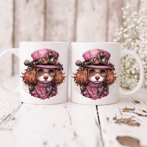 Steampunk mug, pink steampunk mug, steampunk dog mug, steampunk cat mug, gift for her, gift for her, gift for friend, coaster, steampunk mug