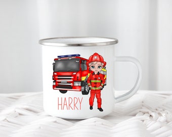 Personalised enamel firefighter camping mug, firefighter mug, fire truck mug, Childs mug, firefighter, unbreakable mug, birthday gift