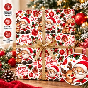 Santa and Reindeer Christmas Wrapping Paper, Cute Santa Gift Wrap, Merry Christmas Present Paper, Festive Christmas Gift Wrapping