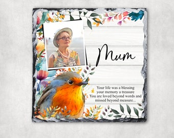 Personalized Photo Memorial Slate: Robin & Floral Design