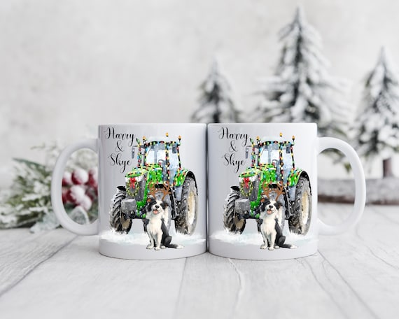 Personalized Christmas Tractor & Dog Mug: Farm Gift