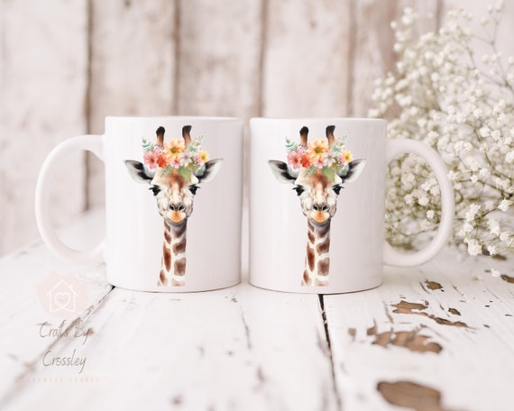 Giraffe with flowers mug, giraffe coaster, giraffe gift, gift for her, birthday gift, giraffe lover gift, Christmas gift, floral mug