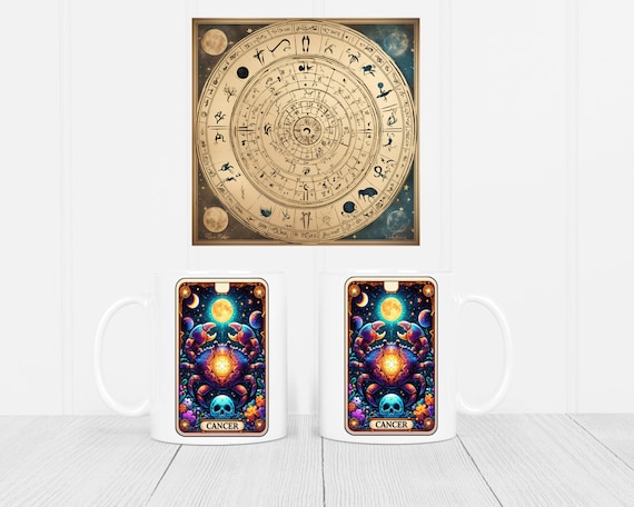 Personalised Cancerian tarot mug, Tarot card mug and coaster, tarot cards on a mug, horoscopes, star signs, birth sign, cancer star sign