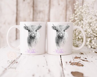 Sketched Farm Animals Mug: Highland Cow, Goat, Donkey, Lamb & Pig