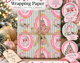 Vintage Christmas Wrapping Paper | Santa Gift Wrap | Pink & Sage Christmas Gift Wrapping | Christmas Paper | Festive Gift Wrap| A3 SHEET