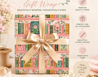 May include: A rectangular gift box wrapped in paper featuring a colorful bookshelf pattern with floral motifs, tied with a wide champagne-colored satin ribbon bow. The text reads Floral Bookshelf Gift Wrap, Beautifully Wrapped, Thoughtfully Given.