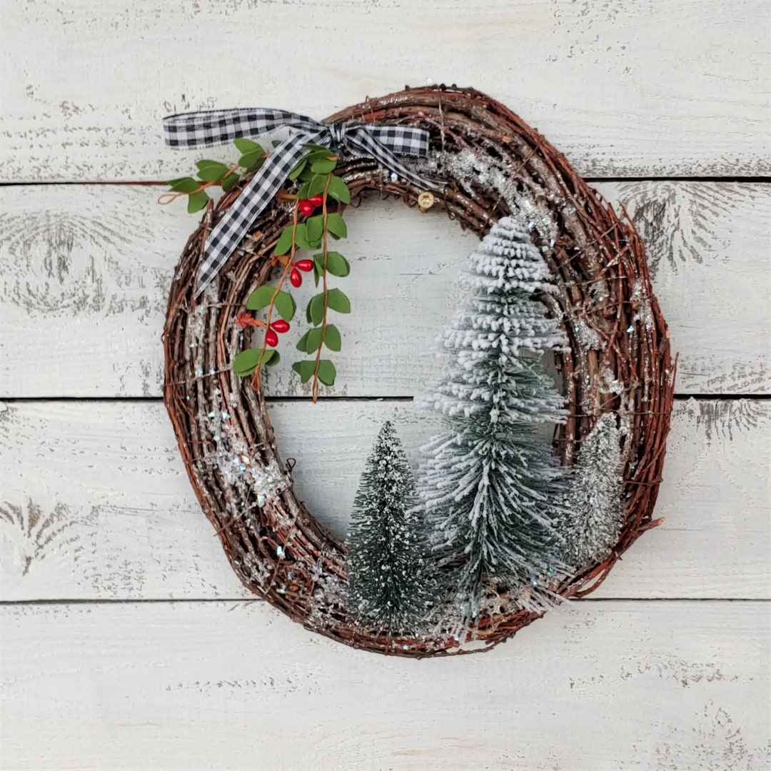 Grapevine Wreath With Trees and Berries, Landscape Wreath, Red Berry ...