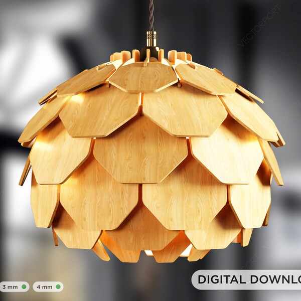 Scandinavian Pine Cone Hanging wooden chandelier lamp shade Pendant light template svg laser cut Digital Download | SVG, DXF, AI |#098|