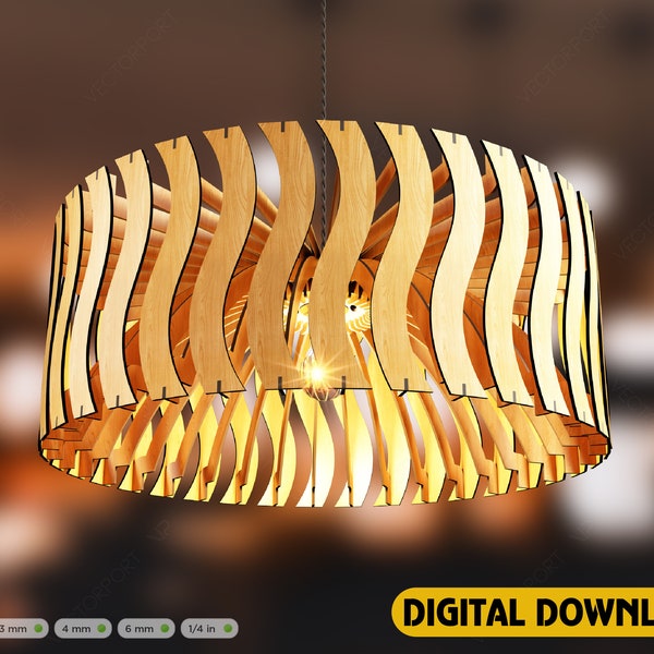 Elegant Modern round Hanging wooden chandelier lamp shade Pendant light template svg laser cut Digital Download | SVG, DXF, AI |#103|