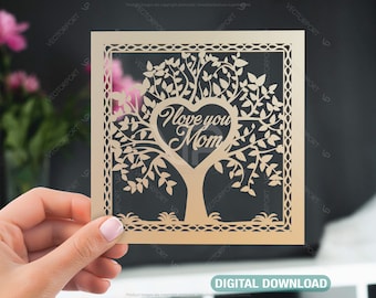 Marco de árbol para el Día de la Madre con el mensaje "Te quiero, mamá", cortado con láser, regalo digital (SVG, DXF, AI) /#034/