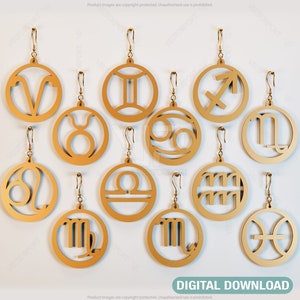 12 Constellation Laser Cut Ohrringe für Frauen Sternzeichen Schmuck Astrologie Leo Widder Holz Anhänger Digital Download | SVG, DXF, AI |#119|