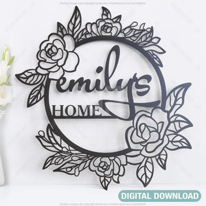 Personalized Flower Frame Monogram Decorative Name Sign Metal Wall Art Hanging Outdoor Plaque Laser Cut Digital Download | SVG, DXF |#140|