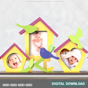 May include: A wooden photo frame with three birdhouse-shaped openings, each holding a baby photo. The birdhouses are yellow with pink roofs and green and blue bird accents. The base is brown, and the frame includes the text "DIGITAL DOWNLOAD".