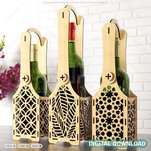 Portabottiglie per vino 3 design modello per taglio laser, cassa per vino Portabottiglie regalo per la festa del papà Download digitale SVG /#212/