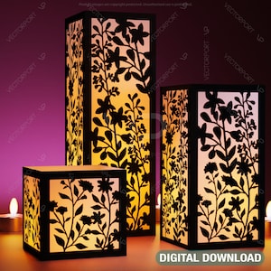 Bougeoir lanterne florale Papercut SVG découpé au laser lampe modèle de bougie chauffe-plat fichiers téléchargement numérique |#153|