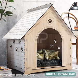 Linda casa de gato Planos vectoriales de corte láser Casa de mascotas Archivos SVG Descarga instantánea Plantilla cnc Corte láser Descarga digital / SVG, DXF /#141/