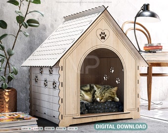 May include: A wooden dog house with a heart-shaped cutout and paw prints on the front. A cat is sleeping inside the house on a blue and black patterned bed.