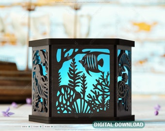 Ocean Serenity: Podwodna, wycinana laserowo latarnia 3D z delfinami, żółwiami morskimi i koralowymi świecznikami typu tealight do pobrania w wersji cyfrowej |#241|