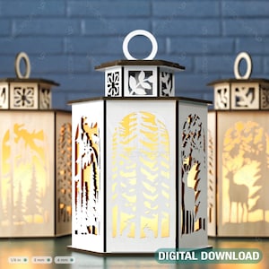 Deer Lantern Tea light Winter Snowy Forest with Deer Lantern Candle Holder Laser Cut plywood Votive Gift  Wooden Digital Download SVG |#217|
