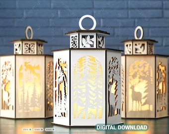 Deer Lantern Tea light Winter Snowy Forest with Deer Lantern Candle Holder Laser Cut plywood Votive Gift  Wooden Digital Download SVG |#217|