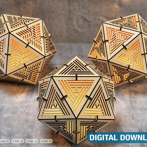 Icosahedron 3 Different Pattern wood triangle shadow lamp Tea Lantern Candle Holder Digital Download SVG |#218|