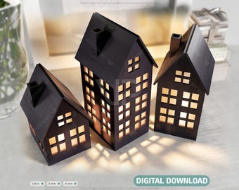 House Tea Light Lantern Candle Holder Laser Cut 3 different size Lamp wood Votive Gift Digital Download | SVG, DXF, AI |#110|