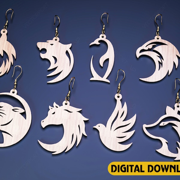 8 Animal Earrings Hanging 3D Wood Fox Eagle Bird Horse Shape Laser Cut for Women Jewelry Glowforge Pendants | SVG, DXF, AI |#124|