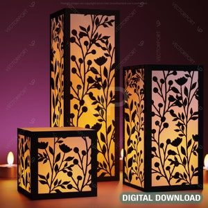 Portacandele con lanterna floreale Papercut in formato SVG, lampada con taglio laser, modello di luce per il tè, download digitale di file/#155/
