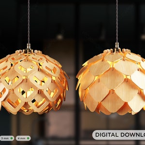 Scandinavian Pine Cone Hanging wooden chandelier lamp shade Pendant light template svg laser cut Digital Download | SVG, DXF, AI |#097|