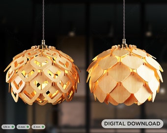 Scandinavian Pine Cone Hanging wooden chandelier lamp shade Pendant light template svg laser cut Digital Download | SVG, DXF, AI |#097|