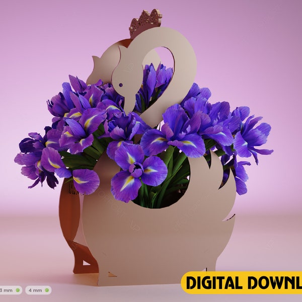 Cesta de flores de cisne Regalo del día de San Valentín Caja de flores de madera contrachapada para su descarga digital diy / SVG, DXF /#112/