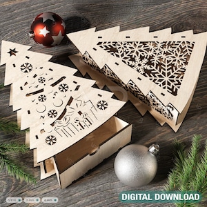 Caja de regalo de madera decorativa con forma de árbol de Navidad, caja de joyería cortada con láser, archivo de corte SVG, descarga digital /#172/