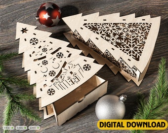 Christmas Tree Decorative Wooden Gift box Tree Shape laser cut jeweler case SVG cut file Digital Download |#172|