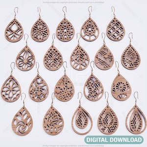 Pacchetto di 20 orecchini Modelli a goccia tagliati al laser per gioielli da donna Pendenti Glowforge in legno Download digitale / SVG, DXF, AI /#121/