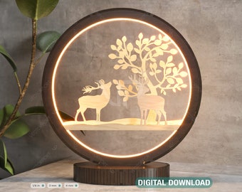 Śnieżna scena, jeleń, 3D, lampa nocna LED, wycinana laserowo, okrągła, nowoczesna lampka nocna, pobieranie cyfrowe |#229|