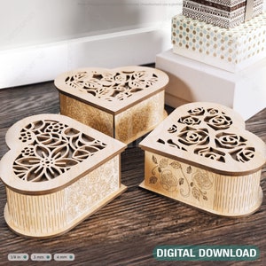 Modello di scatola per gioielli a forma di cuore in legno tagliato al laser Modello vettoriale per la storia d'amore e matrimonio Download digitale / SVG, DXF /#113/