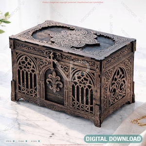 May include: A dark brown wooden box with intricate laser-cut designs. The box features a floral pattern on the lid and gothic arch-style cutouts on the sides. A cross and fleur-de-lis are visible on the front. The words "DIGITAL DOWNLOAD" are at the bottom.