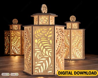 Wooden Decorative Lantern with tropical leaves Night Light opener door Lampshade Candle Holder Tea light Digital Download | SVG, DXF |#108|