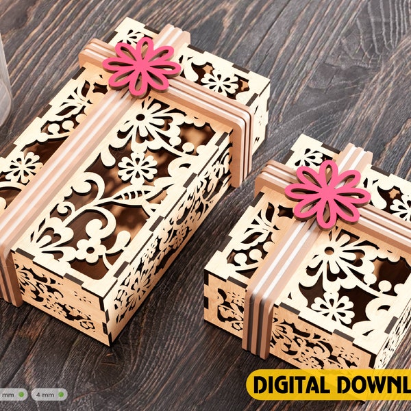 Gift Box Laser Cut with Ribbon Decorative Flowers pattern opener jeweler case Wedding Love vector Digital Download |#202|