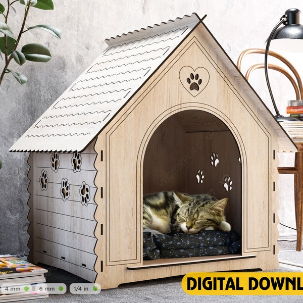 Süßes Katzenhaus Lasergeschnittene Vektorpläne Haustierhaus SVG-Dateien Sofortiger Download CNC-Vorlage Lasergeschnittener digitaler Download | SVG, DXF |#141|