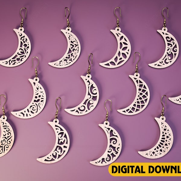 12 Floral Crescent Earrings Moon Earring bundle Laser Cut for Women Jewelry Wooden Glowforge Pendants Digital Download | SVG, DXF, AI |#123|