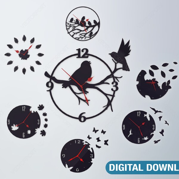 5 Pattern Set Clock Watches Bird Decor plasma waterjet lasercut Digital Download | SVG, DXF, AI |#002|