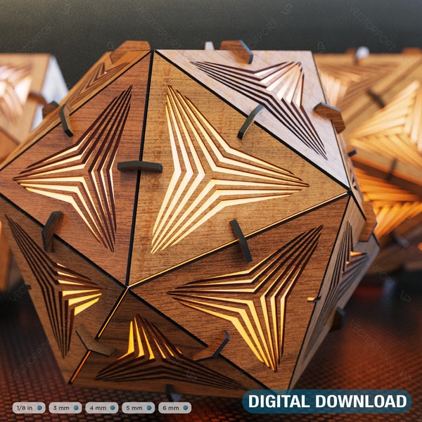 Icosahedron 4 different lasercut wood triangle shadow lamp Tea light Lantern Votive Gift Digital Download | SVG, DXF, AI |#060|