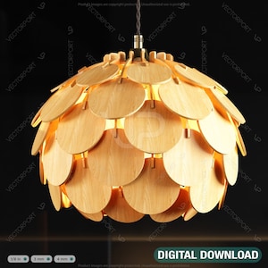 May include: A round, wooden pendant light fixture with a warm, golden glow. The light is made up of many overlapping, circular wooden pieces that resemble a flower bud.