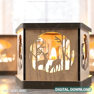 Deer Forest Scene Template Candle Holder Laser Cut Lamp Tea light Lantern Votive Gift Digital Download SVG |#195|