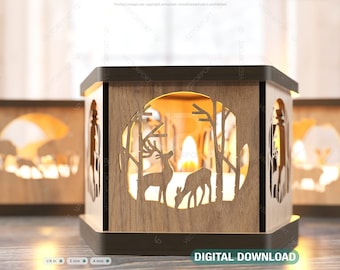 Deer Forest Scene Template Candle Holder Laser Cut Lamp Tea light Lantern Votive Gift Digital Download SVG |#195|